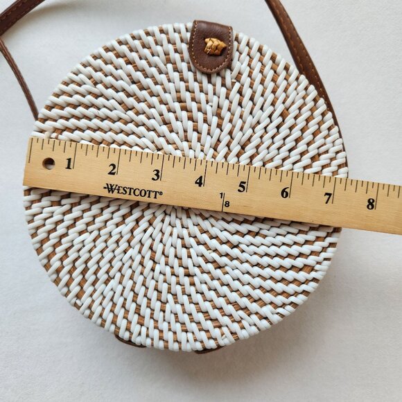 ASOS Round White Brown Woven Canteen Crossbody Bag Boho Beach Tropical Festival - Picture 12 of 13